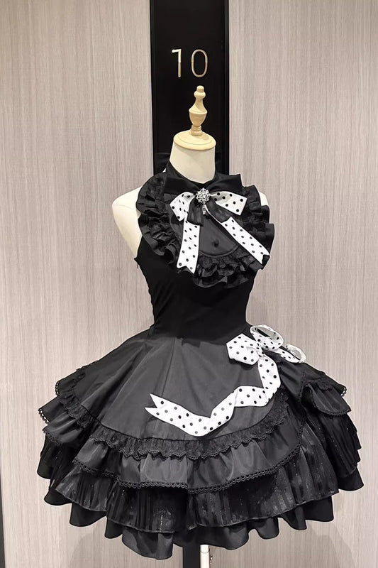 Polka Dot Gothic Lolita Dress with Bow and Ruffles, Black