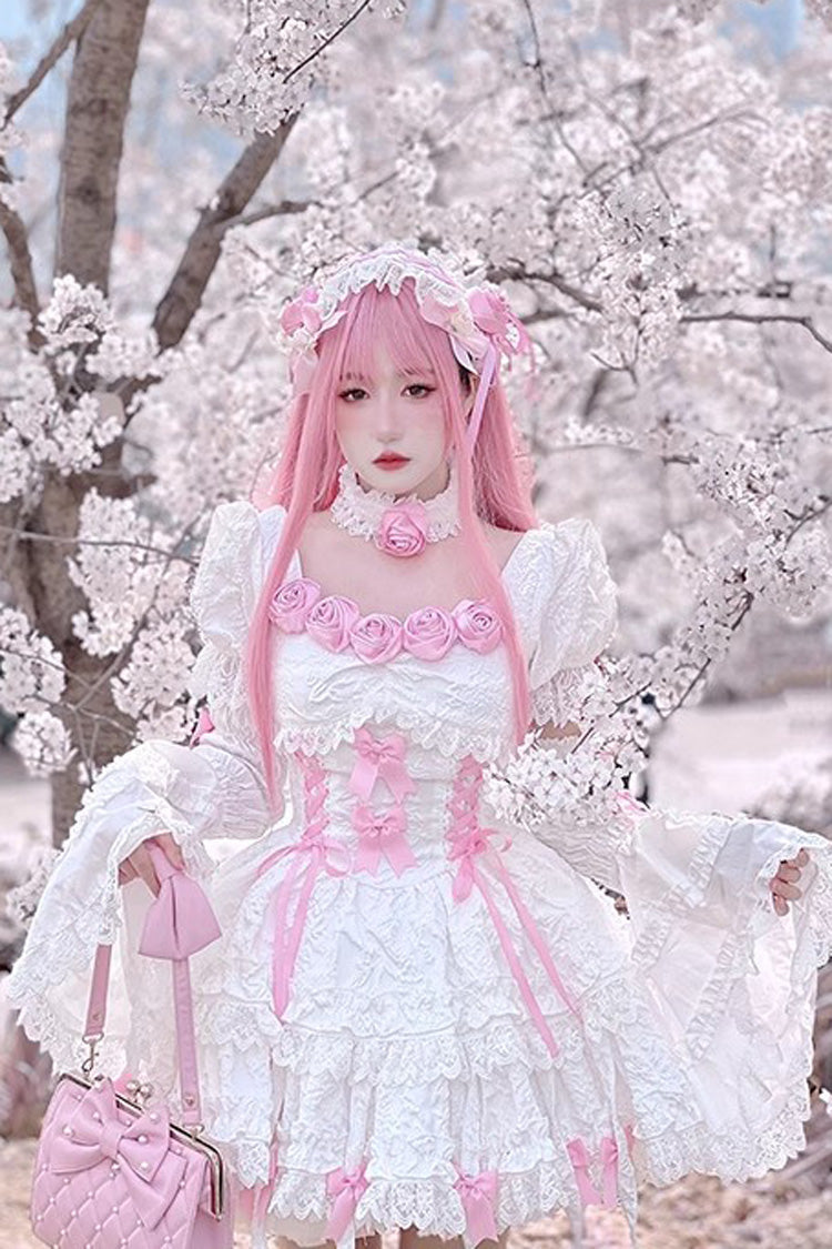 Ivory & Pink Puff-Sleeve Princess Gothic Lolita Tiered Gown