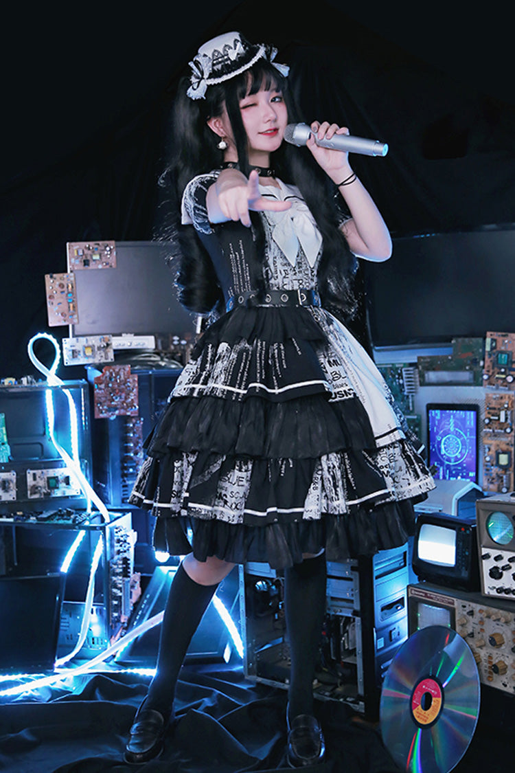 Black Short Sleeve Layered Ruffle Bowknot Asymmetric Punk Lolita Dress