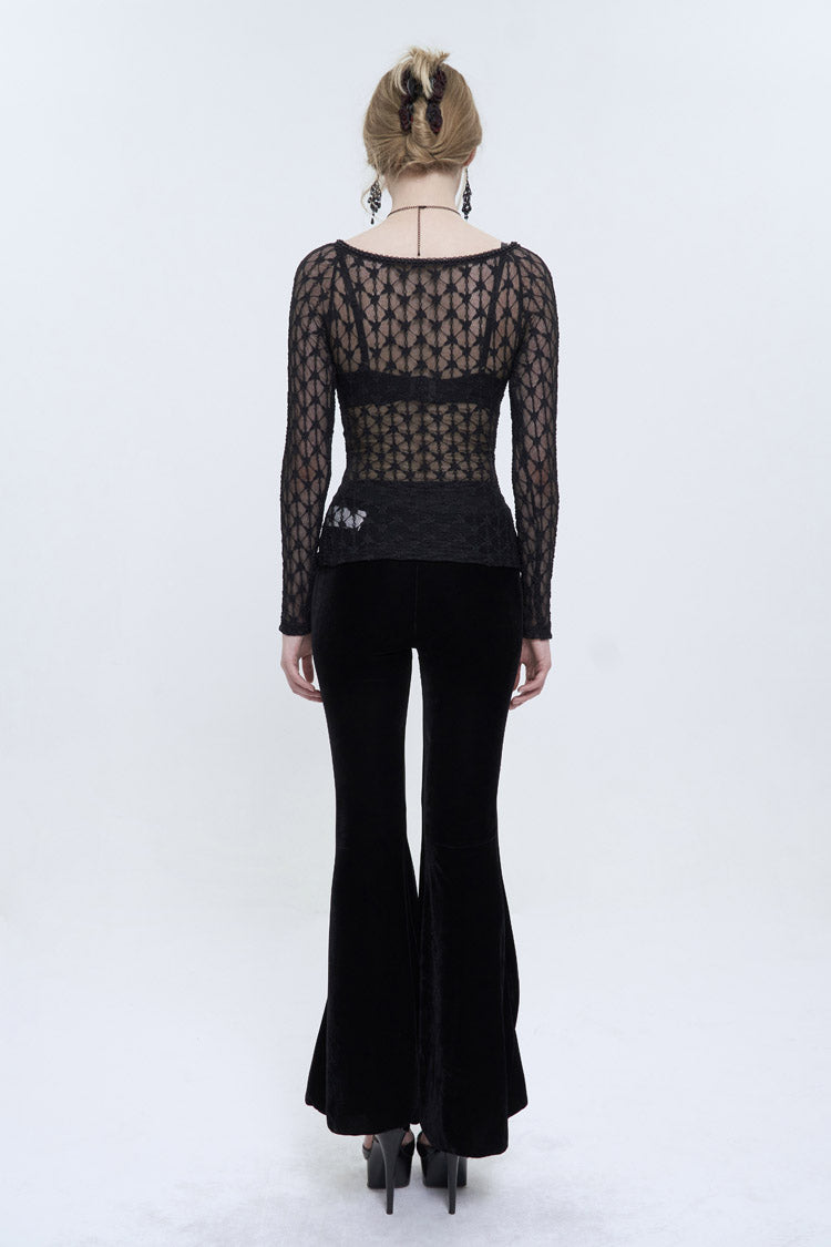 Punk Black Lace Mesh Front Red Diamond Transparent Long-Sleeve Women's Tee