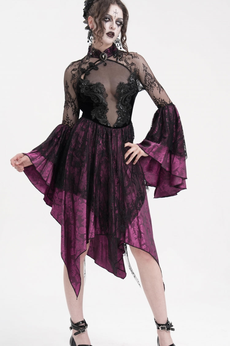Black Purple Long Sleeves Embroidery Lace Up Irregular Mesh Gothic Dress