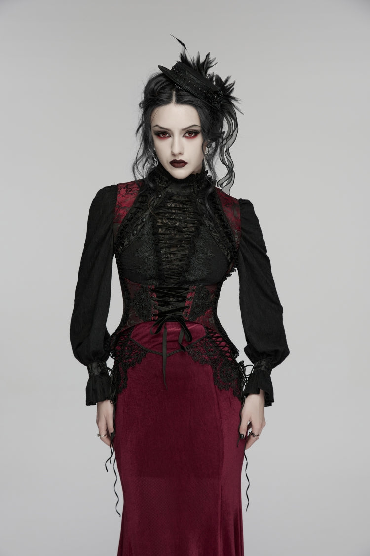 Crimson & Noir Embroidered Lace Lace-Up Fitted Corset Vest for Women