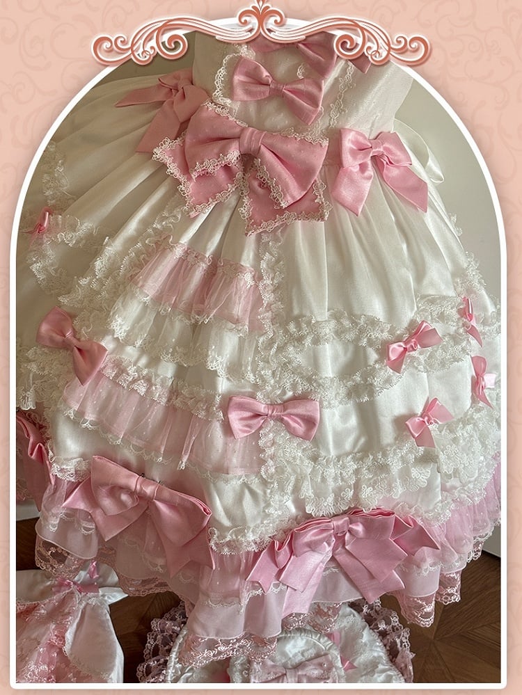 with Sweet Accents High Sleeves White Pink Waist Dress Princess Detachable Bow Lolita