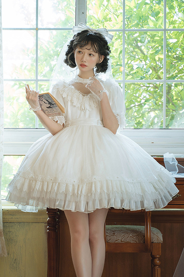 White Layered Ruffle Hanayome Hollow Bow Lace Vintage Gorgeous Lolita Dress