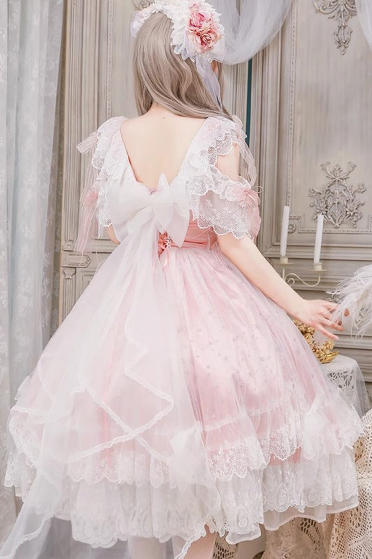 Glazed Phantom Off Shoulder Ruffle Hanayome Bow Lace Elegant Lolita Dress in Pink