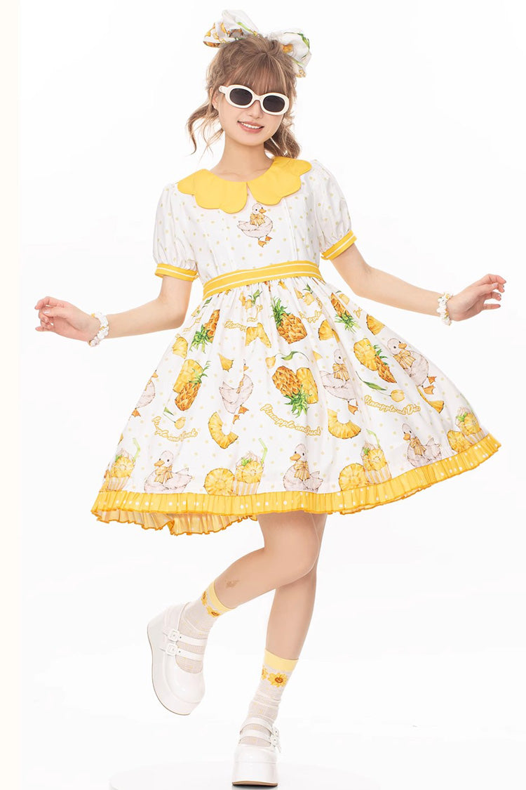 Creamy Ivory and Gold Duck Motif Puffed Sleeve One-Piece Lolita Gown