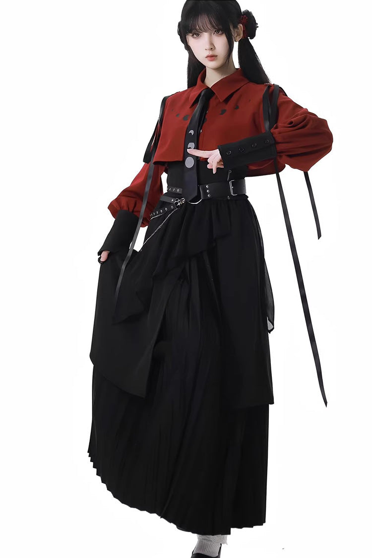 Moonlight Flowing Ruffled Asymmetric Gothic Jirai Kei Skirt Set - Red/Black