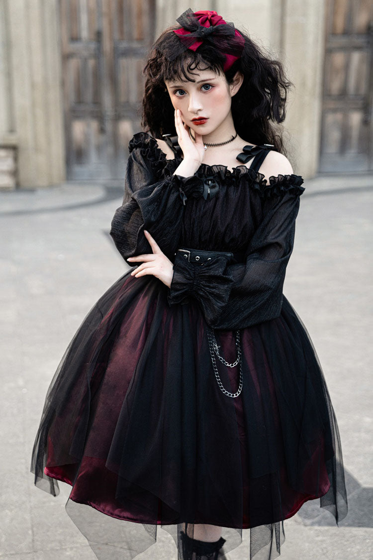 Black Boat Neck Gothic Lolita OP Dress Metal Chain Organza Stitching - Altfashion Shop