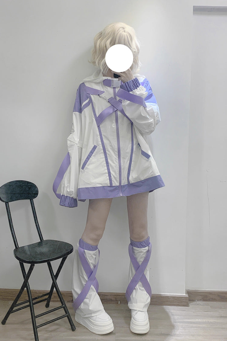 Ivory and Purple Cyberpunk Functional Print Hooded Jirai Kei Sport Jacket