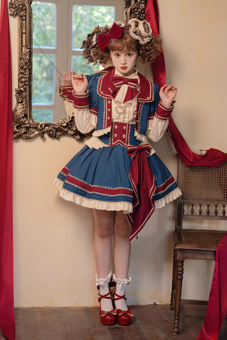 Patriotic Star Round Collar Ruffled Sweet Lolita Skirt Set - Red White Blue
