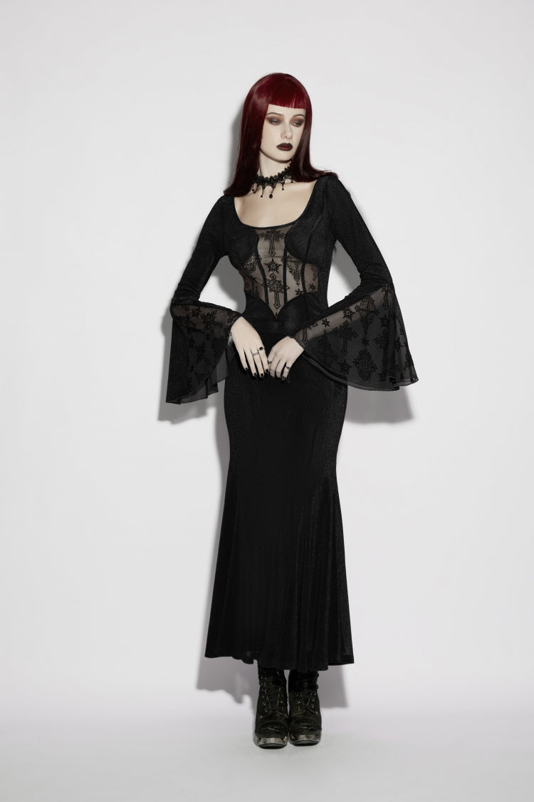 Black Round Collar Long Trumpet Sleeve Spliced Lace Lace-Up Mesh Eyelet Gothic Dress
