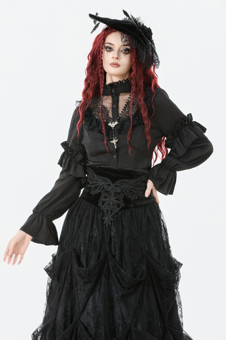 Gothic Sheer Blouse with Stand Collar and Lantern Sleeves