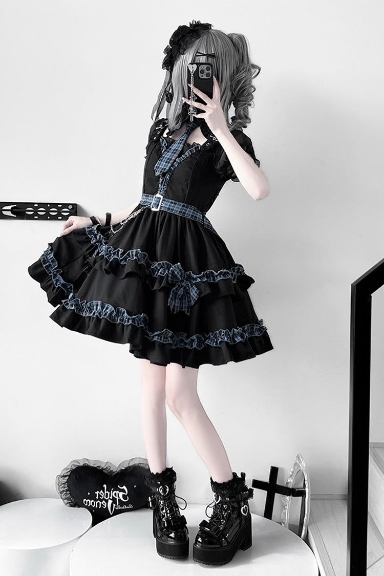 Noir Chain Ruffled Bow Buckle College Style Dress Set - Dark Night Starlight