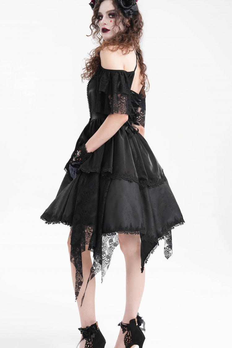 Delicate Black Lace Lace-Up Irregular Hem Halter Gothic Dress