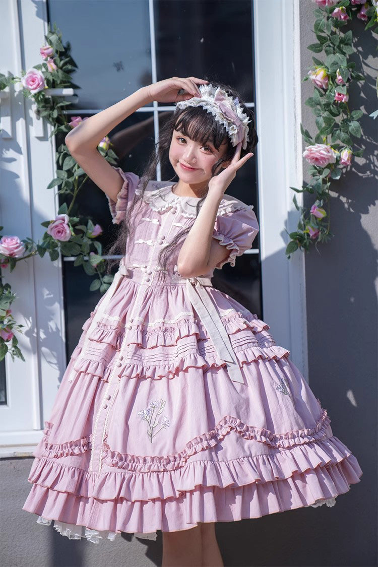 Pink Iris-Print Ruffled Dress with Short Sleeves and Embroidery