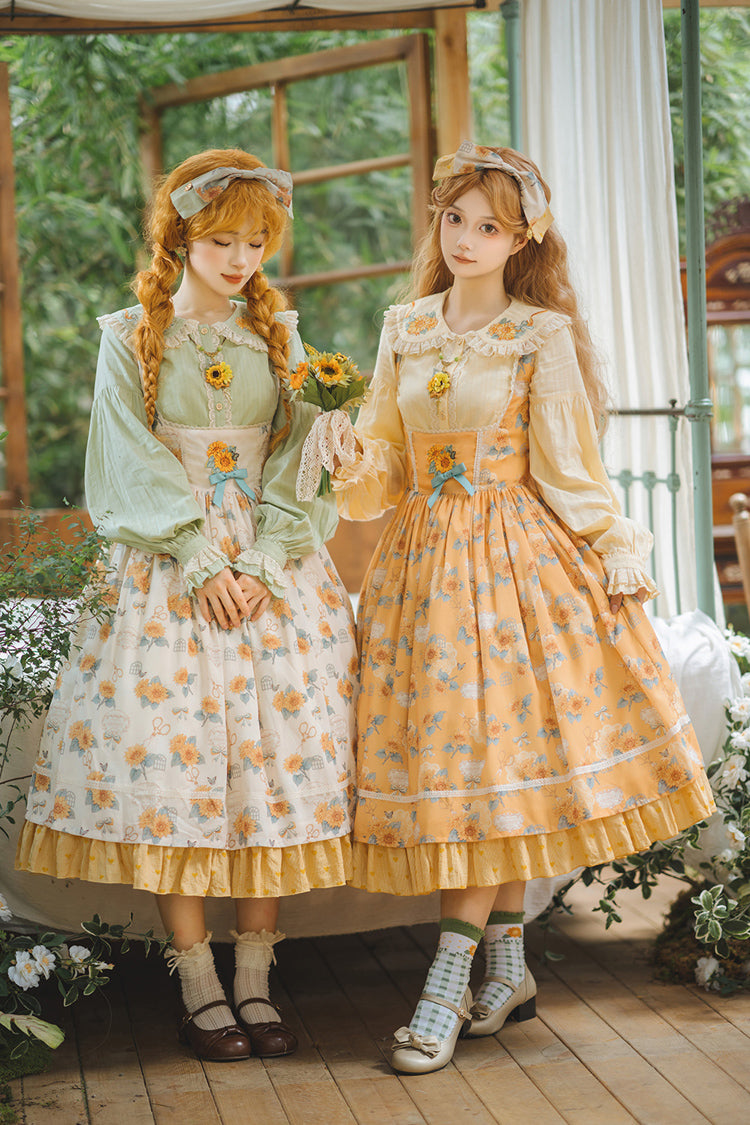 Apricot Sweet Elegant Uplift Lolita JSK Dress with Sleeveless Print Ruffles and Bowknot