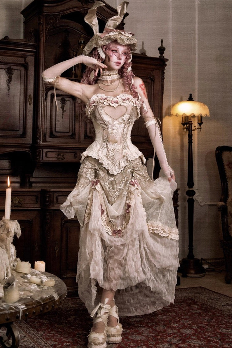 Light Brown Embroidered Classic Long Skirt with Bow - Cupid’s Poetry Box