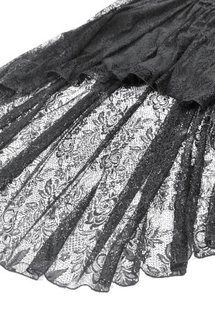 Gothic Black Lace Boat-Neck Trumpet-Sleeve High-Low Hem Elegant Long Gown