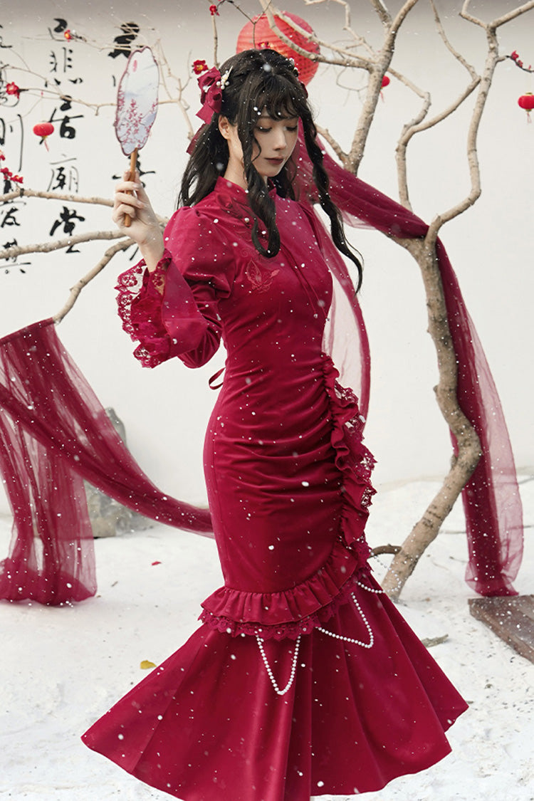Scarlet Embroidered Lace Bow Classic Chinese Elegant Lolita Dress