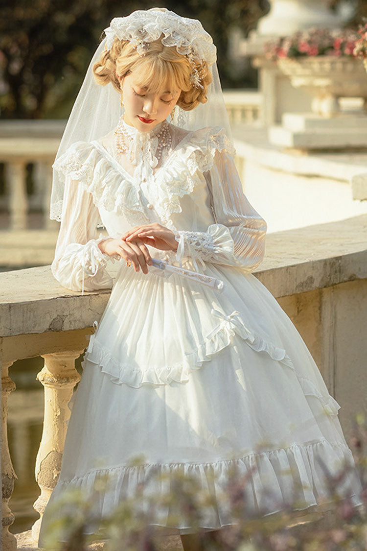 White Hollow V Neck Gothic Lolita Dress Long Sleeves Bowknot Ruffled - Altfashion Shop