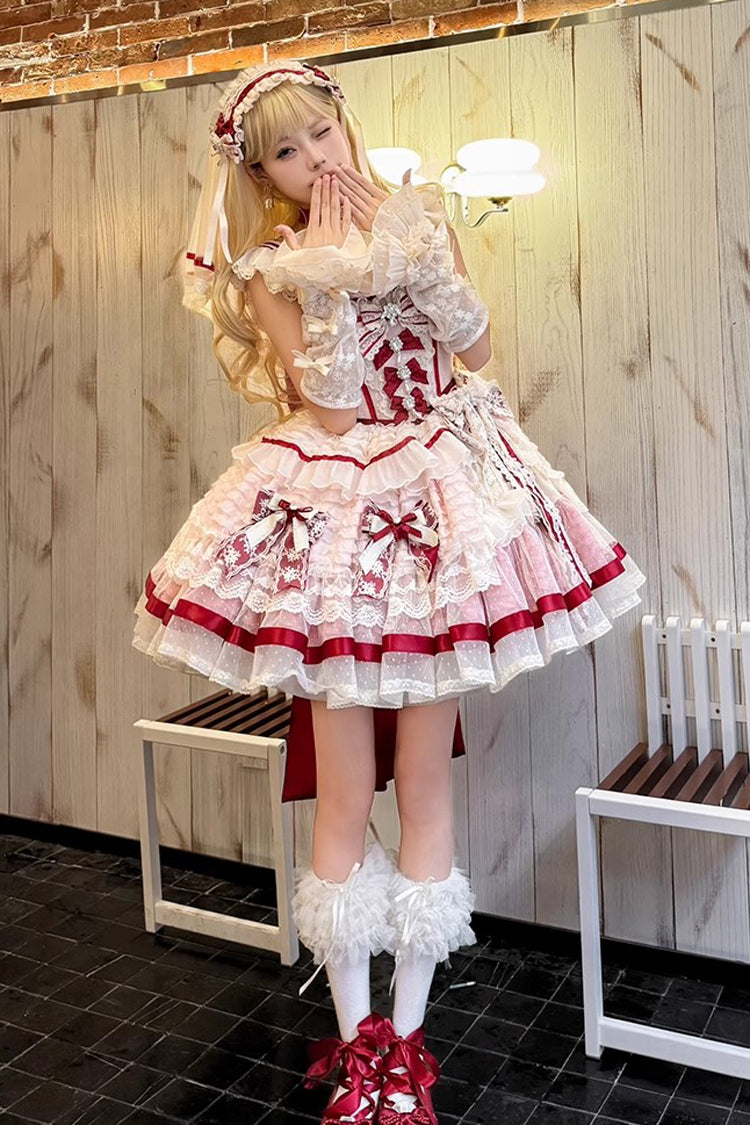 Moonstone Sleeveless Ruffle Embroidery Bow Lace Fishbone Princess Dress in Pink