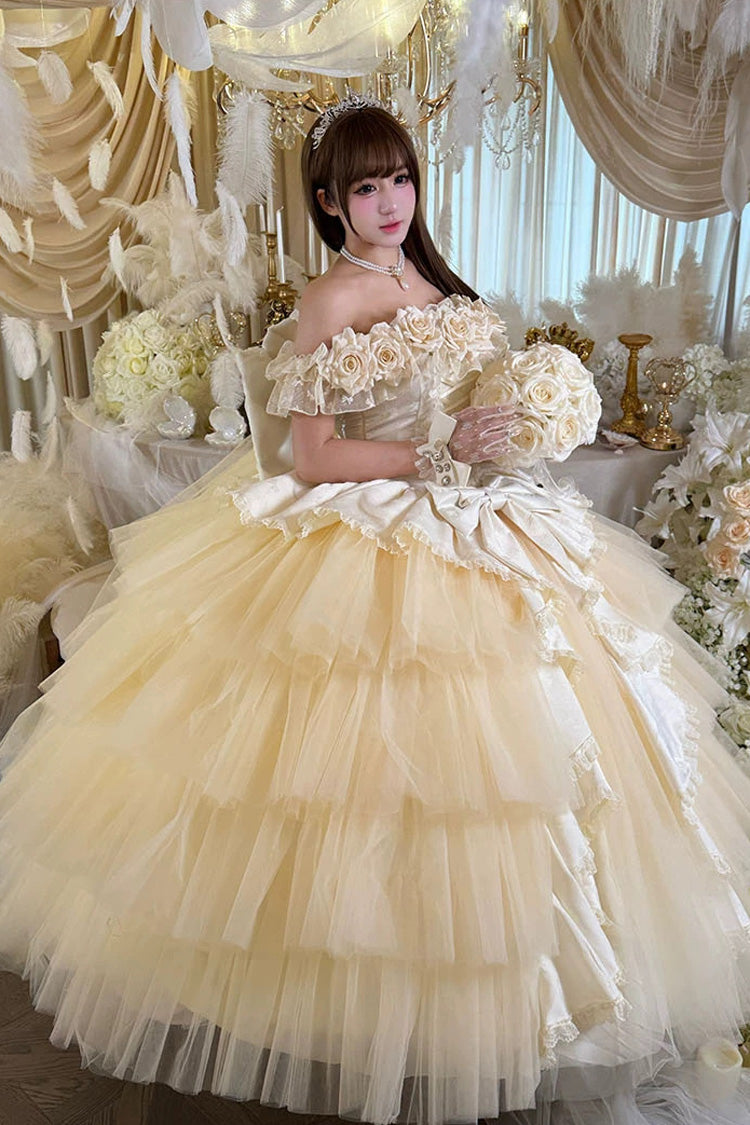 Apricot Sweet Lolita JSK Long Dress with Ruffled Hanayome Bow Lace-Up and Sleeveless Design