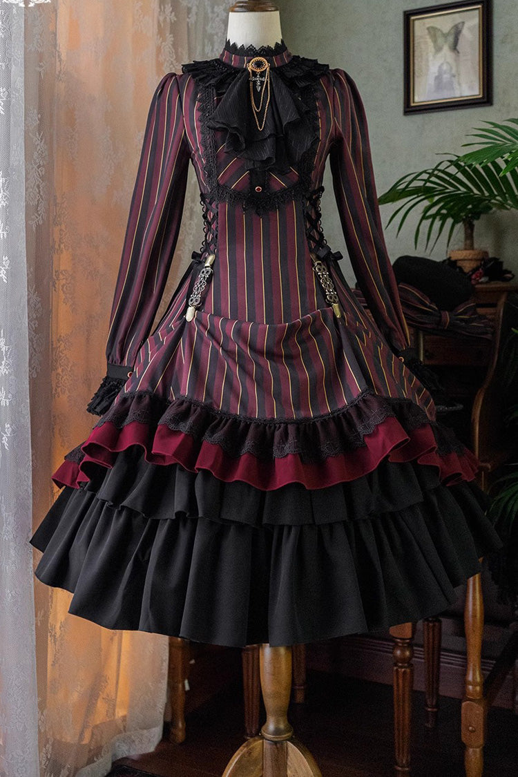 Point Manor Stand Collar Long Sleeves Multi Layer Striped Printed Ruffle Gothic Lolita Dress