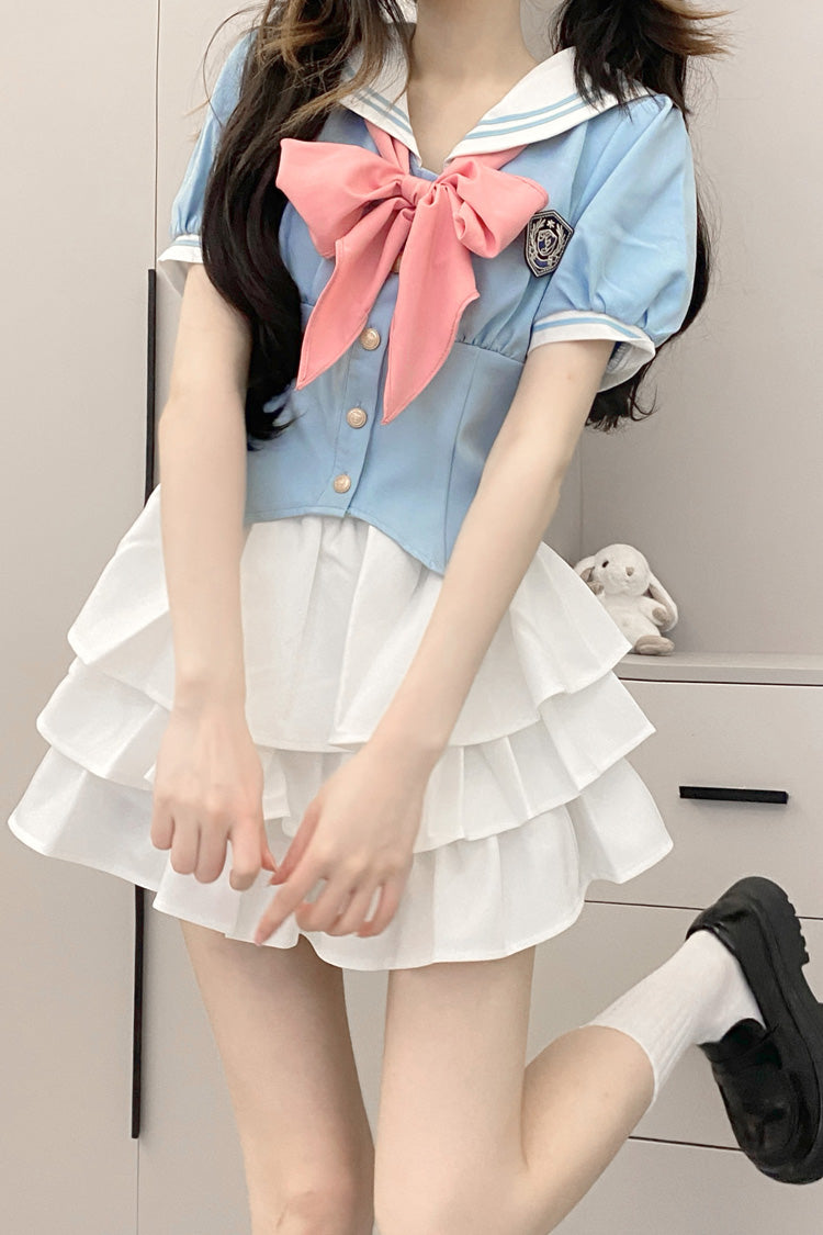 Sweet College Style Skirt Set with Ruffle Bowknot