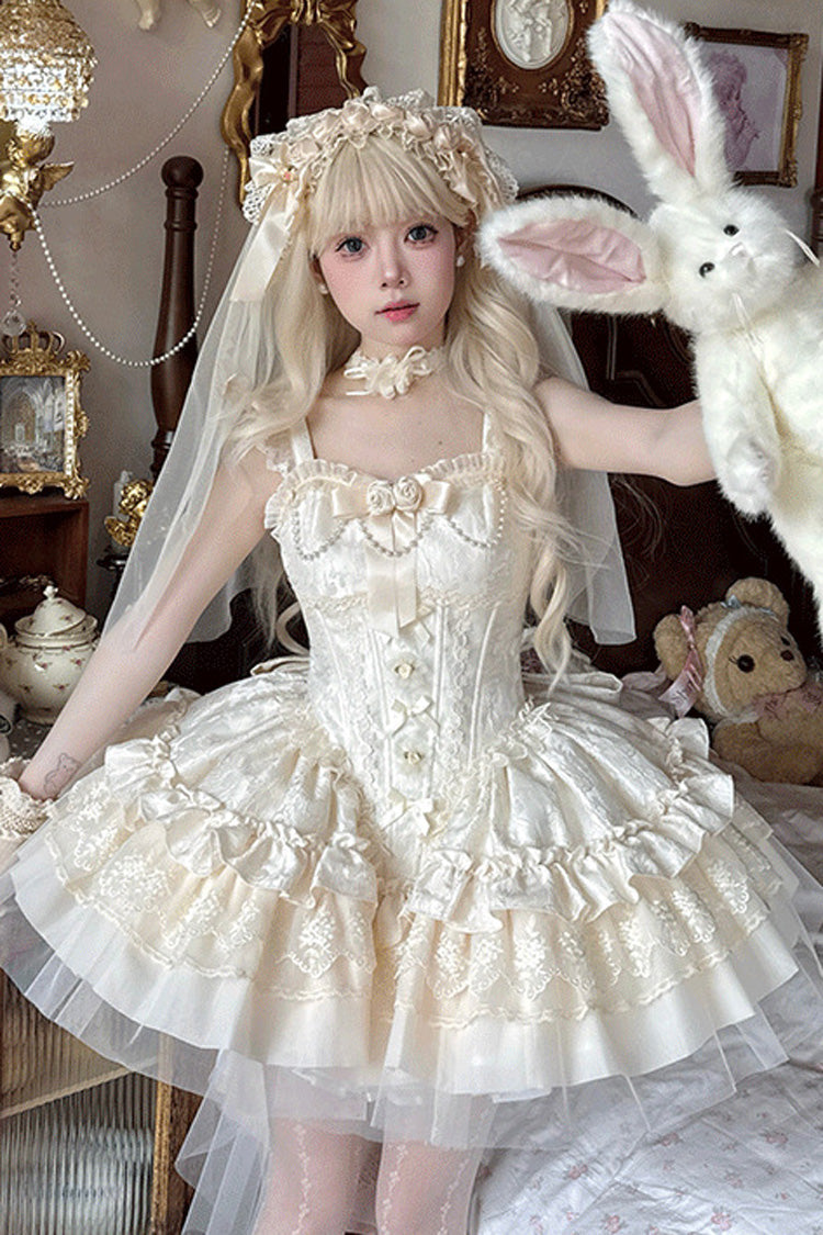 Ivory Sleeveless Multi-Layer Ruffled Bow Lace Lace-Up Sweet Princess Lolita JSK