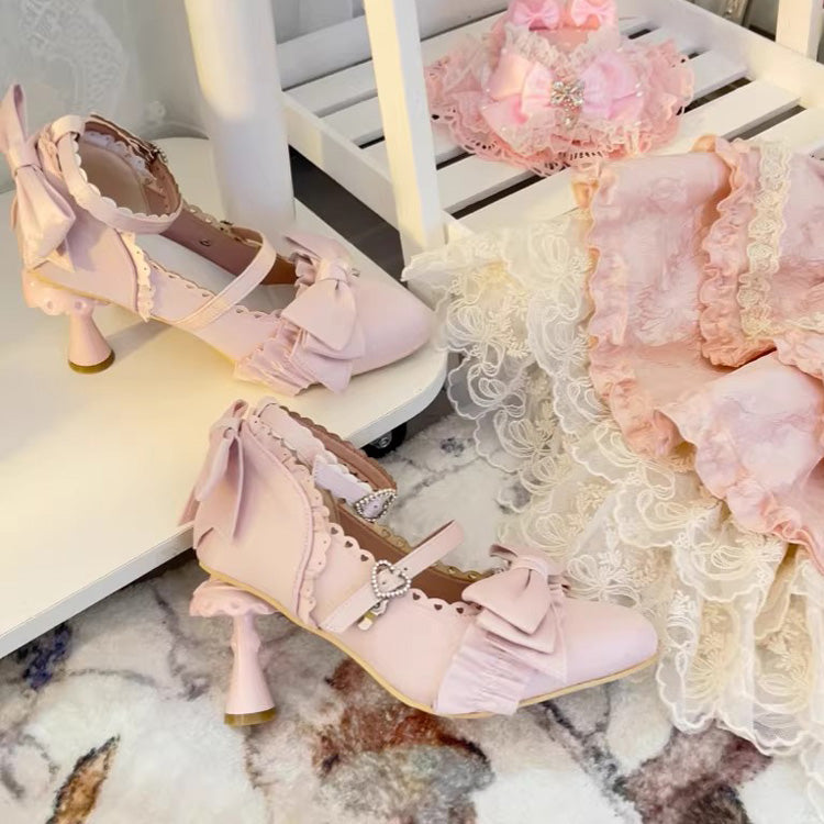 Ruffled Bow Lace Pointed Heels for Elegant Lolita - Four Shades