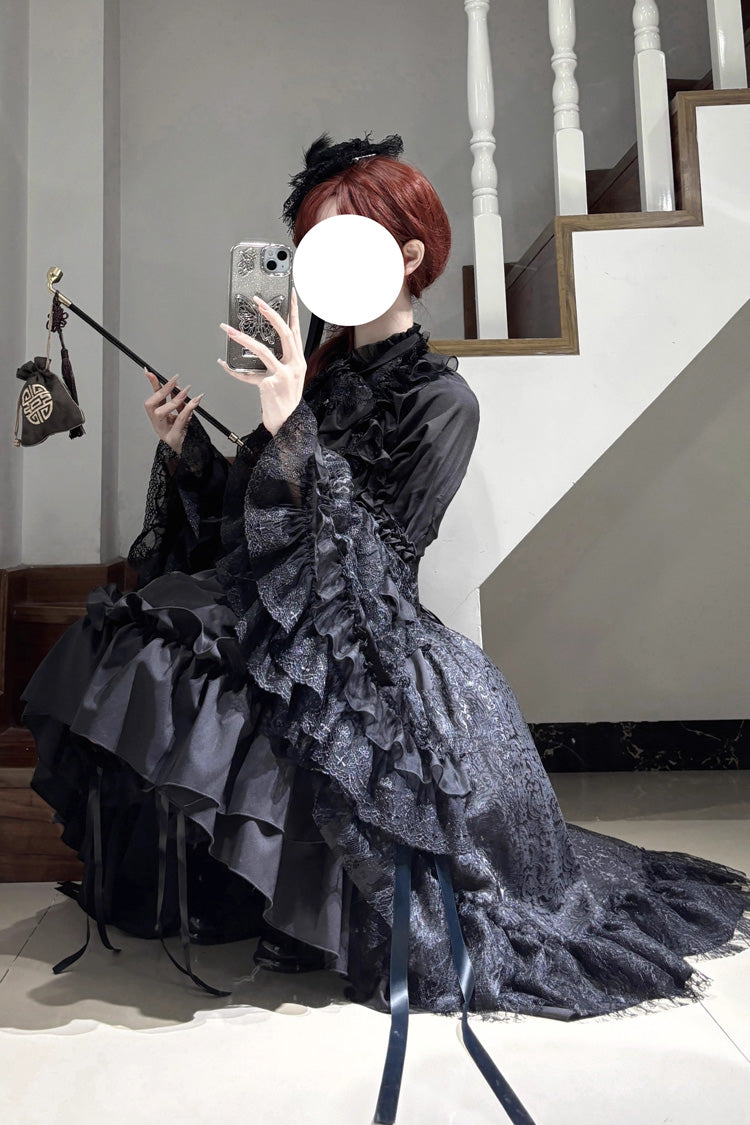 Black Eternal Taboo Long Hime Sleeves Ruffled Bow Gothic Skirt Dress Set
