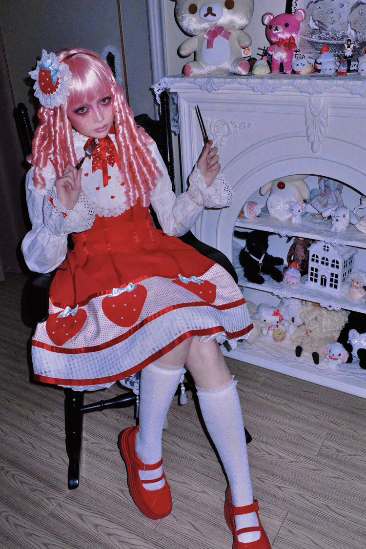 Sweet Lolita Dress with Stand Collar and Bow - Miss Peculiar Strawberry, 2 Shades