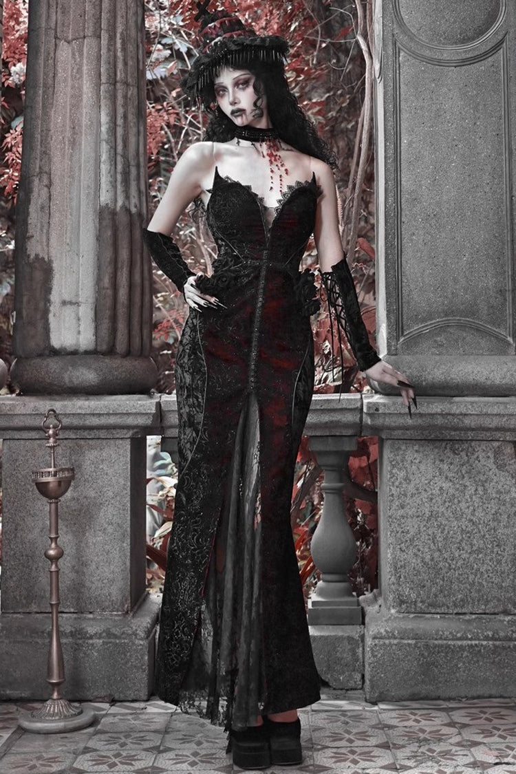 Black/Red High-Waisted Embroidered Lace Sleeveless Ruffle Gothic Fishtail Dress - Scarlet Blood Peak