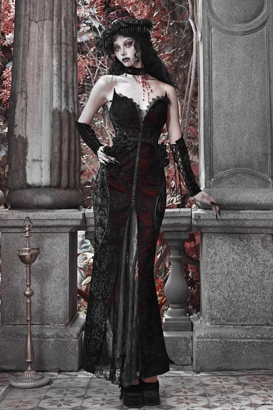Black/Red High-Waisted Embroidered Lace Sleeveless Ruffle Gothic Fishtail Dress - Scarlet Blood Peak