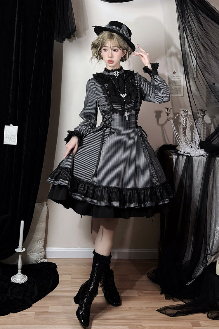 Point Manor Stand Collar Long Sleeves Multi-Layered Striped Printed Ruffled Lifted Hem Bow Gothic Lolita Dress - Black