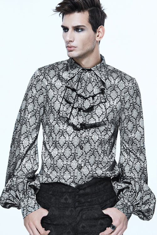 Gothic Mens Blouse with Lantern Sleeves and Jacquard Print