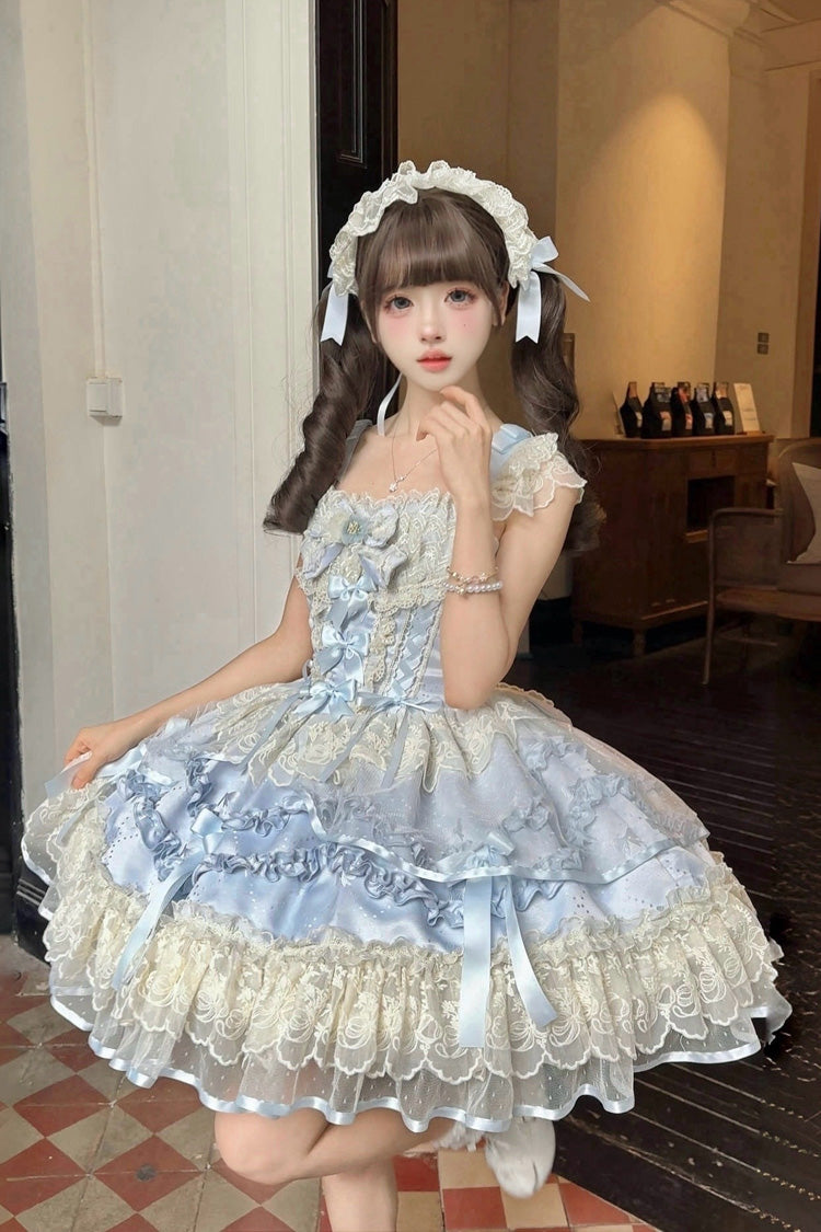 Dreaming Butterfly Blue Multi-Layered Jacquard Ruffle Bowknot Lace Sweet Princess JSK Dress