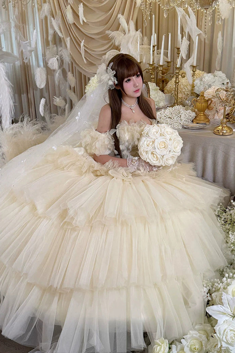Apricot Sweet Lolita JSK Long Dress with Triple-Layer Ruffled Hanayome Bow Lace-Up and Sleeveless Design