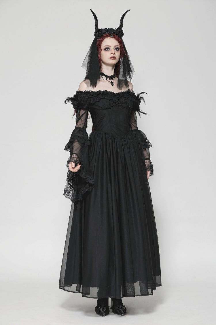 Elegant Gothic Off-Shoulder Tulle Gown with Lace Trim and Flared Sleeves