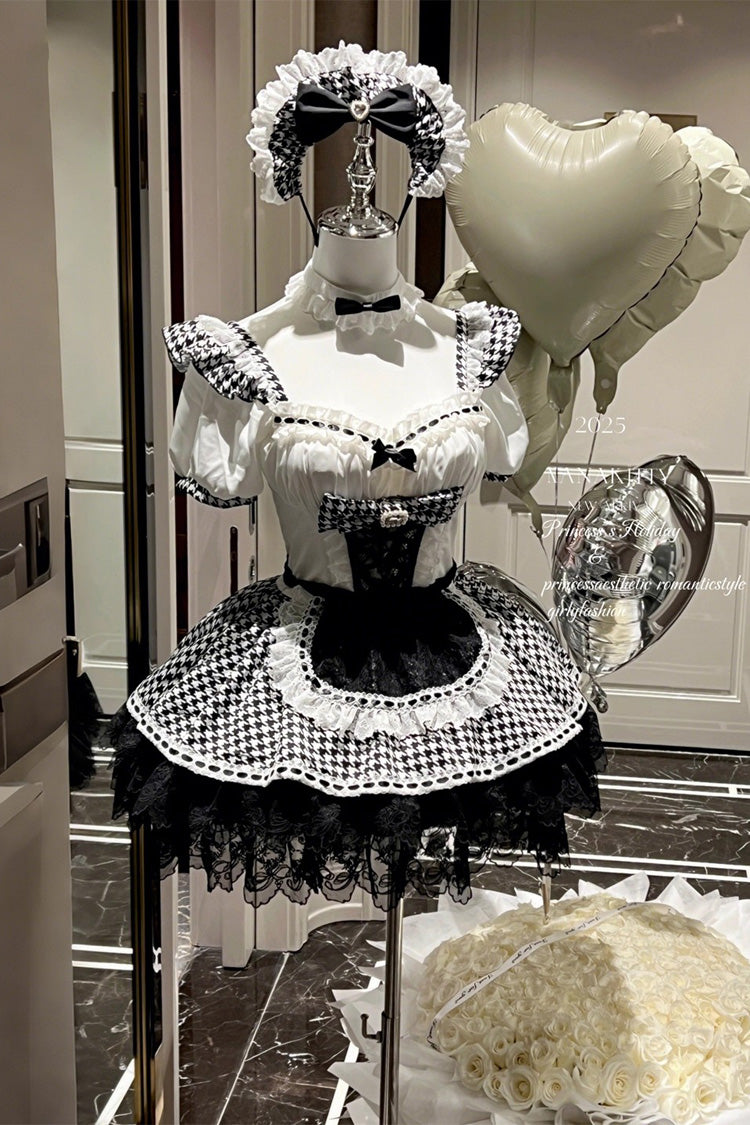 Black/White Square Collar Short Sleeve Print Ruffle Bow Maid Dress