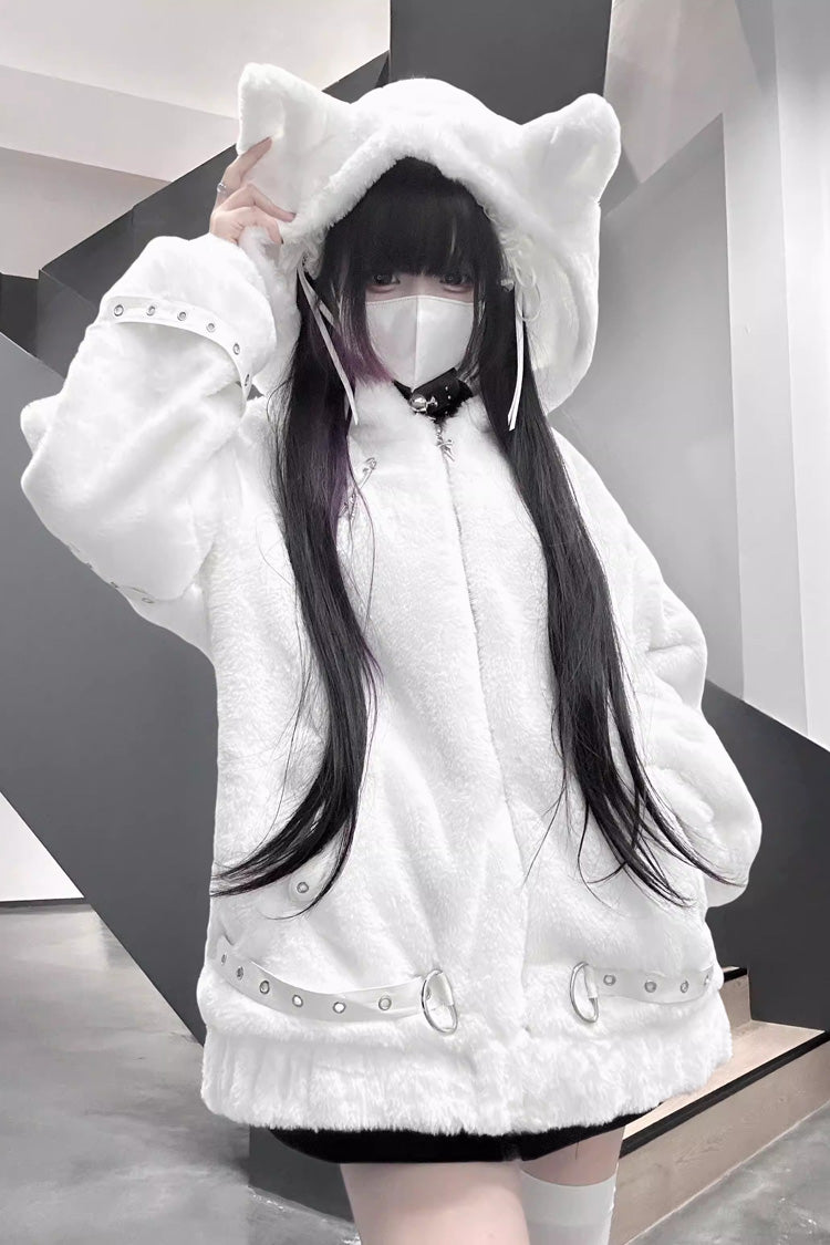 Hooded Jirai Kei Coat with Cat Ears and Zipper - Night Hunter, 2 Colors