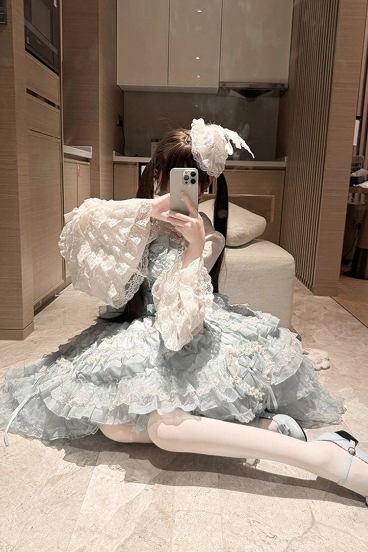 Blue Multi-Layered Ruffled Hanayome Embroidered Bow Lace Sweet JSK - Sweetheart Diary