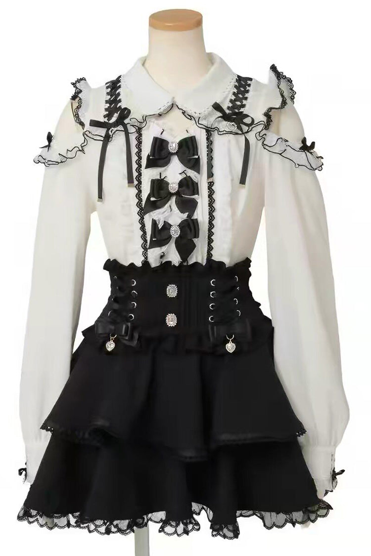 Lapel Off-Shoulder Bow Blouse - Spliced Lace