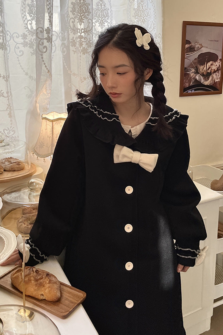 Doll-Collar Long-Sleeve Bow Princess Coat in Black