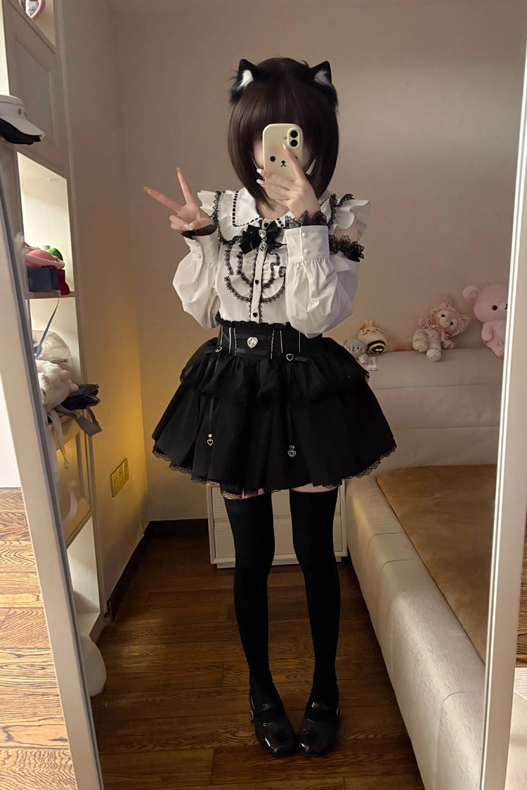 Monochrome Doll-Collar Ruffle Bow Sweet Jirai Kei Skirt Set