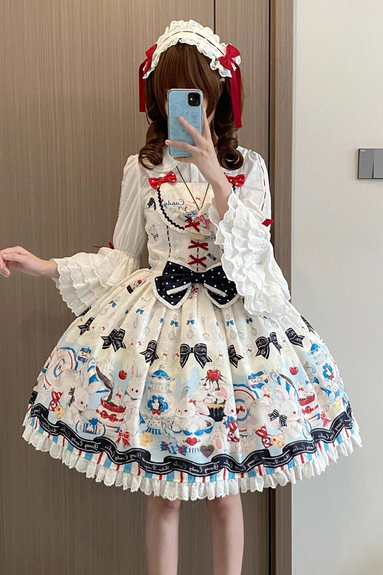 Sleeveless Print Ruffle Bowknot Lace Sweet Lolita Jsk Dress Beige