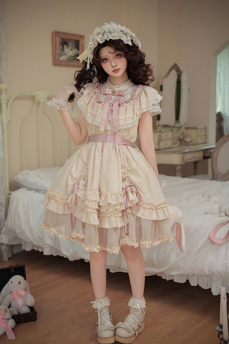 Apricot Sweet Lolita Dress with Stand Collar Short Sleeves Loose Doll-Like Ruffled Bow Lace