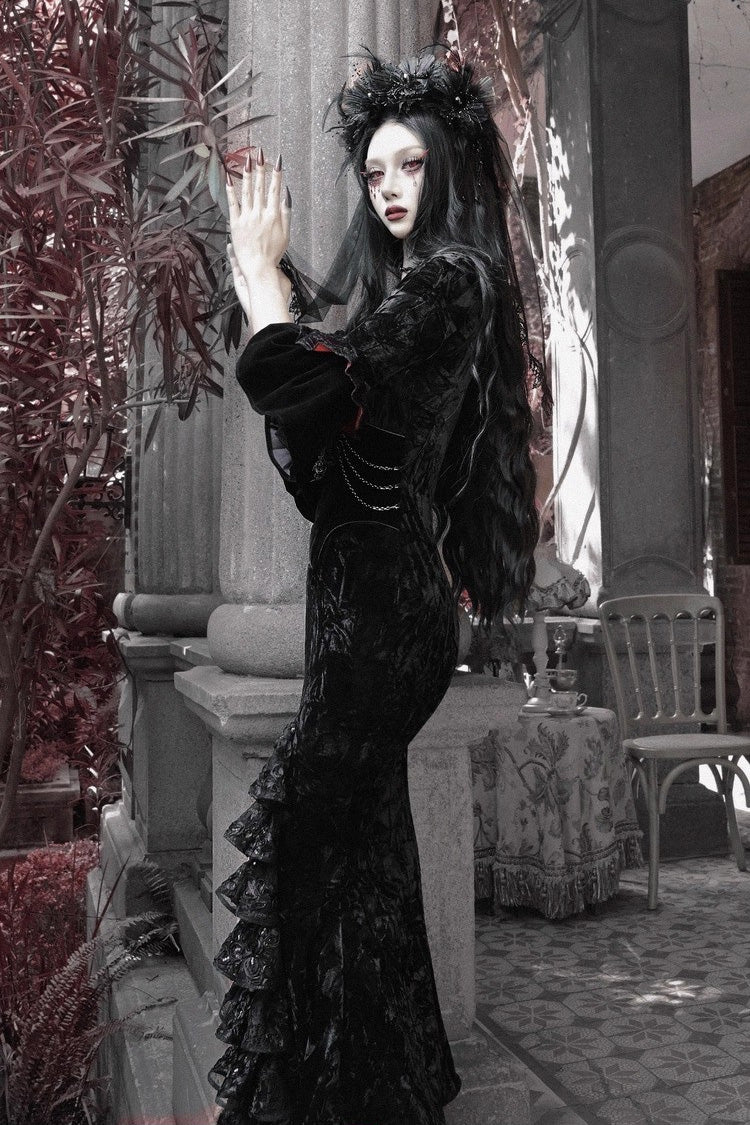 Square-Collar Embroidered Mermaid Gothic Dress in Black