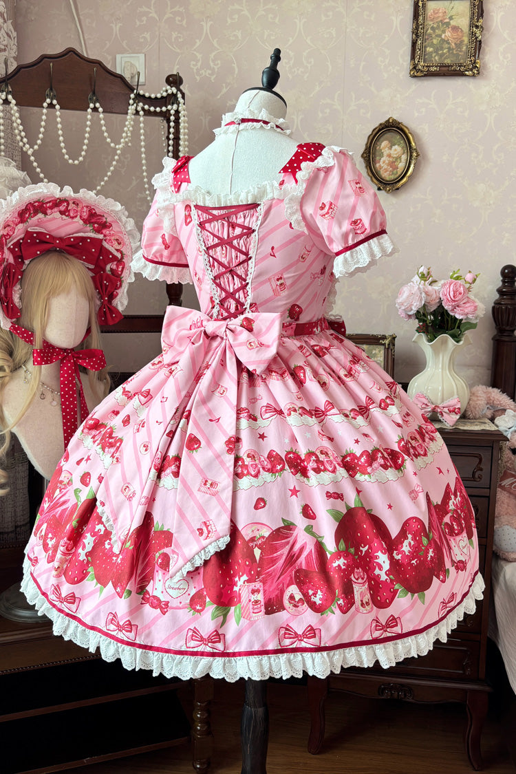 Strawberry Gift Box Pink Short Sleeves Print Ruffle Bowknot Lace Sweet Dress