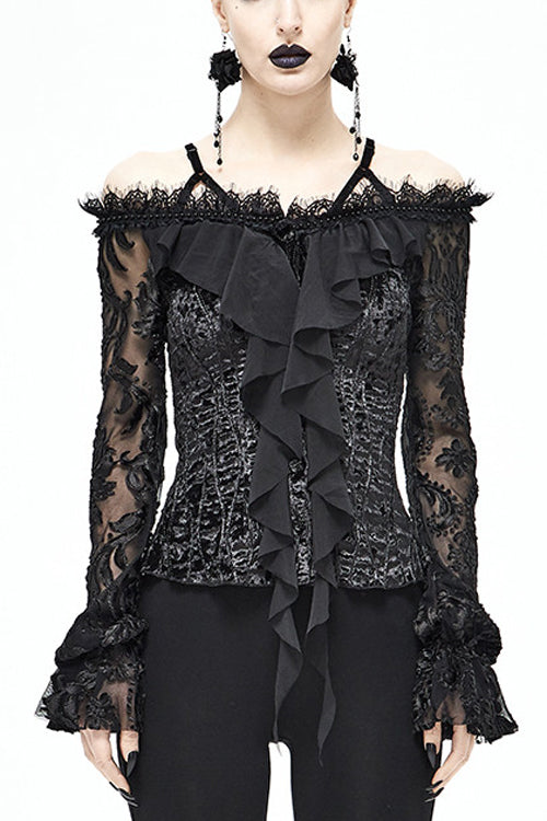 Velvet Sexy Gothic Blouse for Women with Lace Sleeves